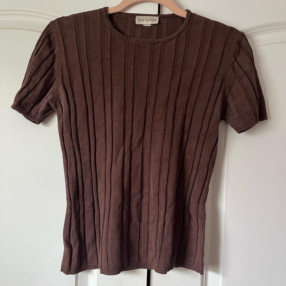Ann Taylor Brown Ribbed Fitted T-Shirt